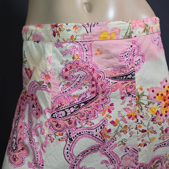 Y2K Pink Floral Paisley Midi Skirt Sequins Fairy Boho size M Cotton A Line - Picture 2 of 9